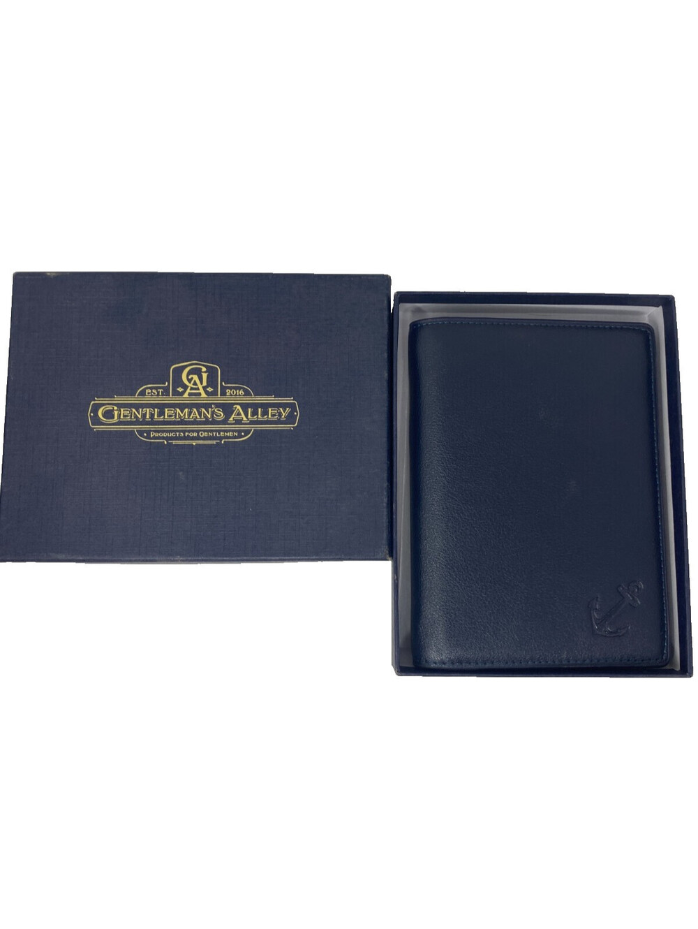 Gentleman's Alley Navy Leather Passport Holder Wallet RFID Anchor Pen Gift Box